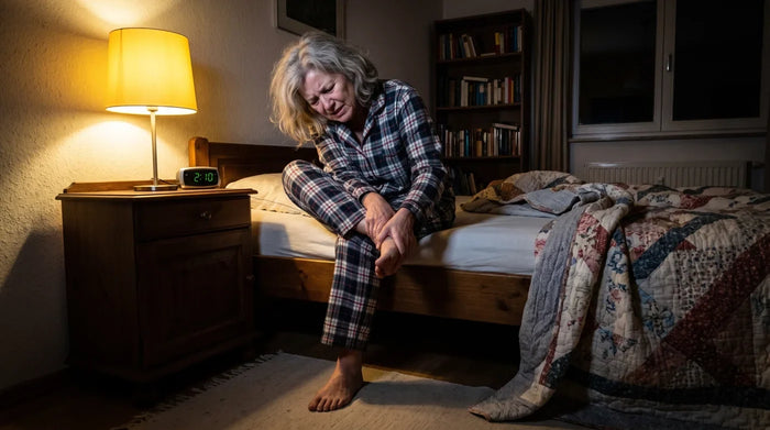 Woman sitting awake on the edge of the bed at night, rubbing her burning foot