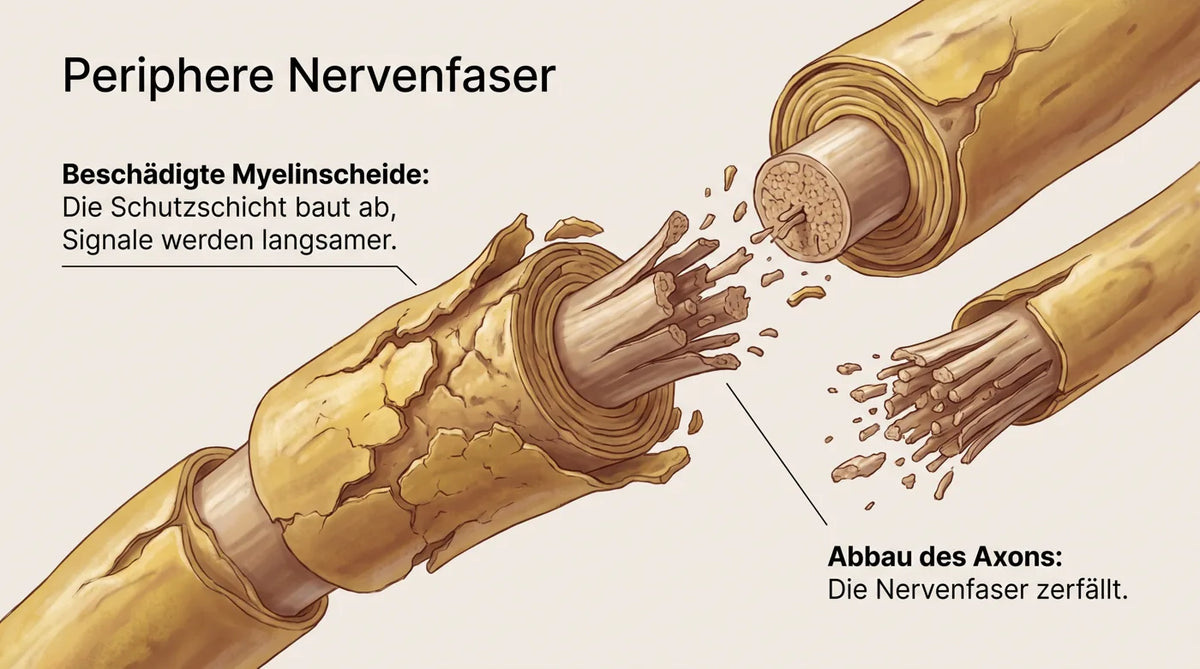 Beschädigte Nervenfaser: Myelinscheide baut ab