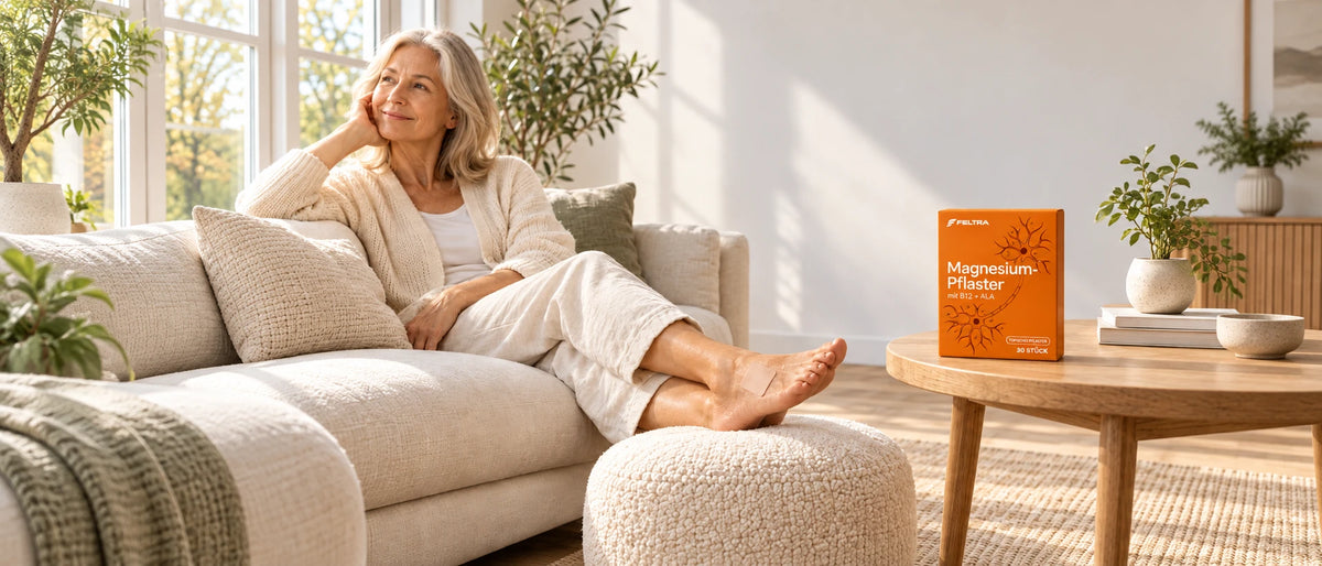 Woman relaxing on the sofa with a Feltra Magnesium Patch on the top of her foot, box on the side table